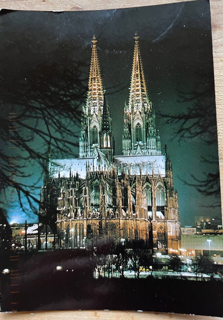 Nighttime view of a Gothic cathedral with two tall spires illuminated against a dark sky.