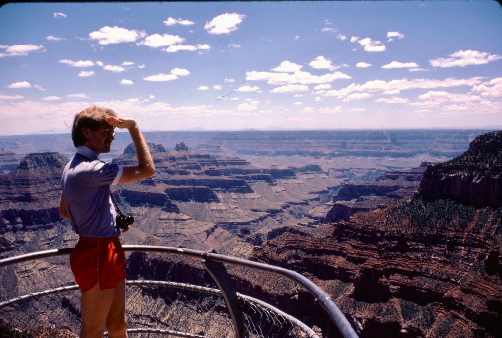 A man standing on a viewing platform at the Grand Canyon, shielding his eyes from the sun while admiring the landscape. He is wearing a short-sleeved shirt and shorts, and a camera hangs around his neck. The canyon's layered rock formations and vastness are visible in the background under a partly cloudy sky.